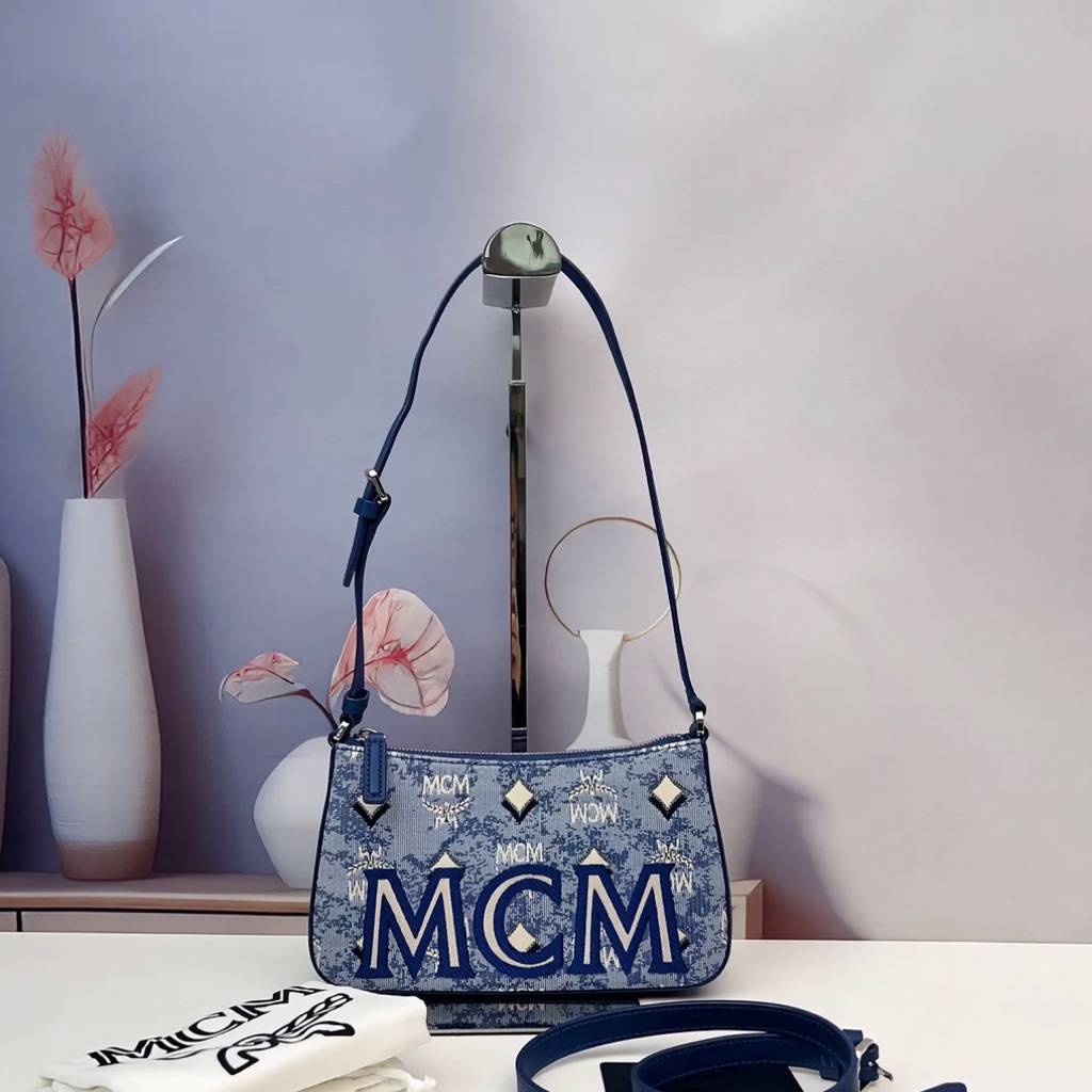 Mcm Blue Logo Jacquard Shoulder Bag